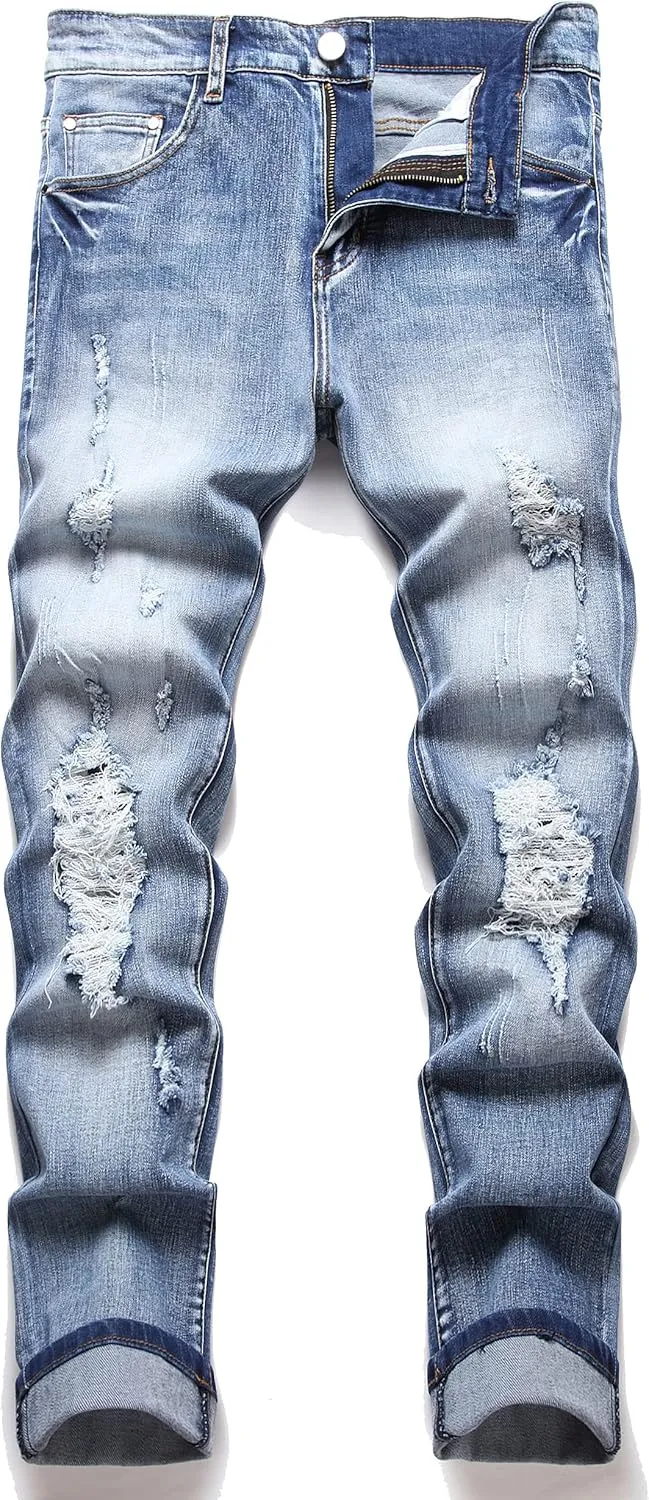 Men's Fashion Washed Perforated Elastic Slim Fit Jeans