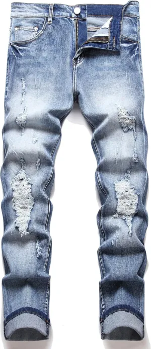 Men's Fashion Washed Perforated Elastic Slim Fit Jeans