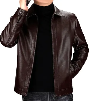 Men's Faux Leather Stand Collar Fleece Lined Jacket Slim Fit Cozy Coat Lightweight Windproof Jackets