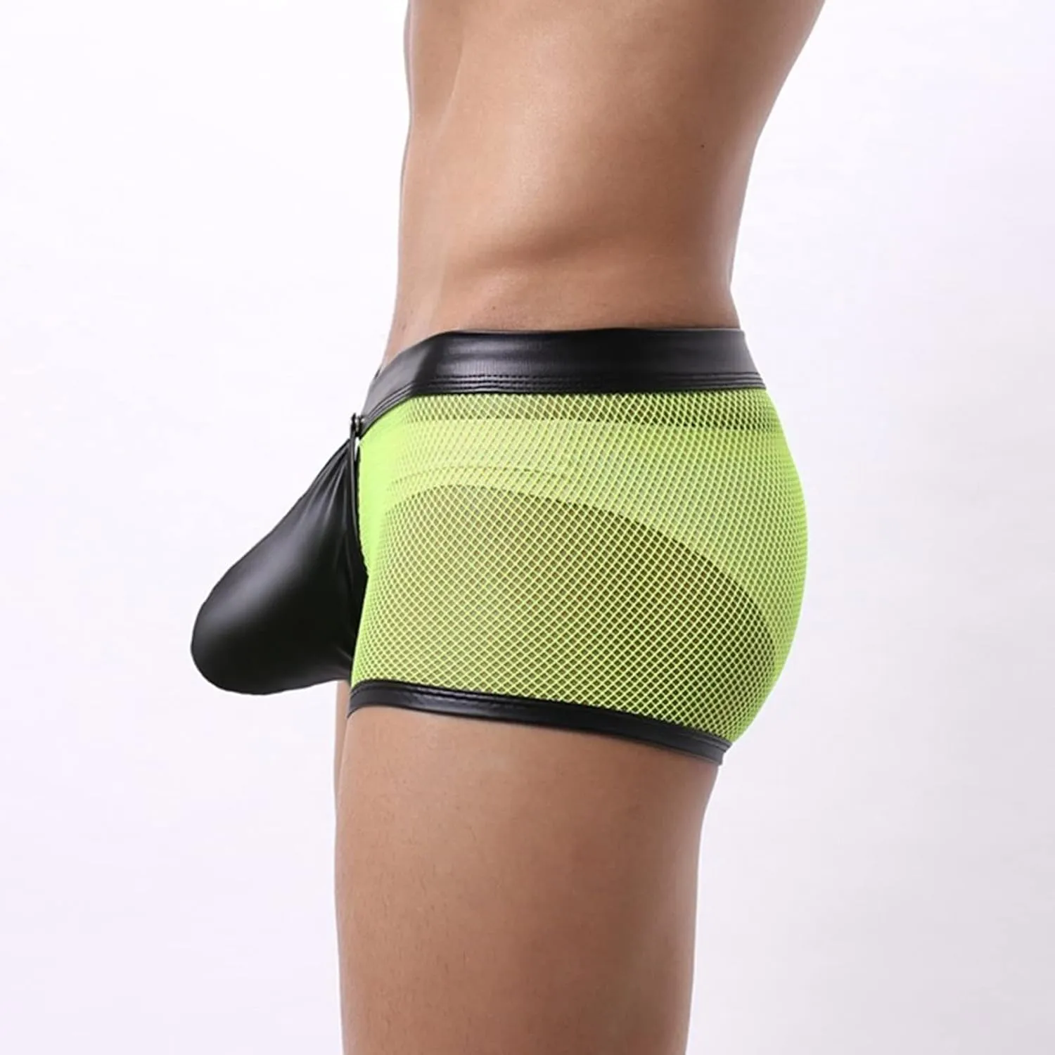 Men'S Sexy Mesh Bulge Ball Pouch Underwear Leather Boxer Briefs Underpants Trunks Hollow Breathable See Through Briefs