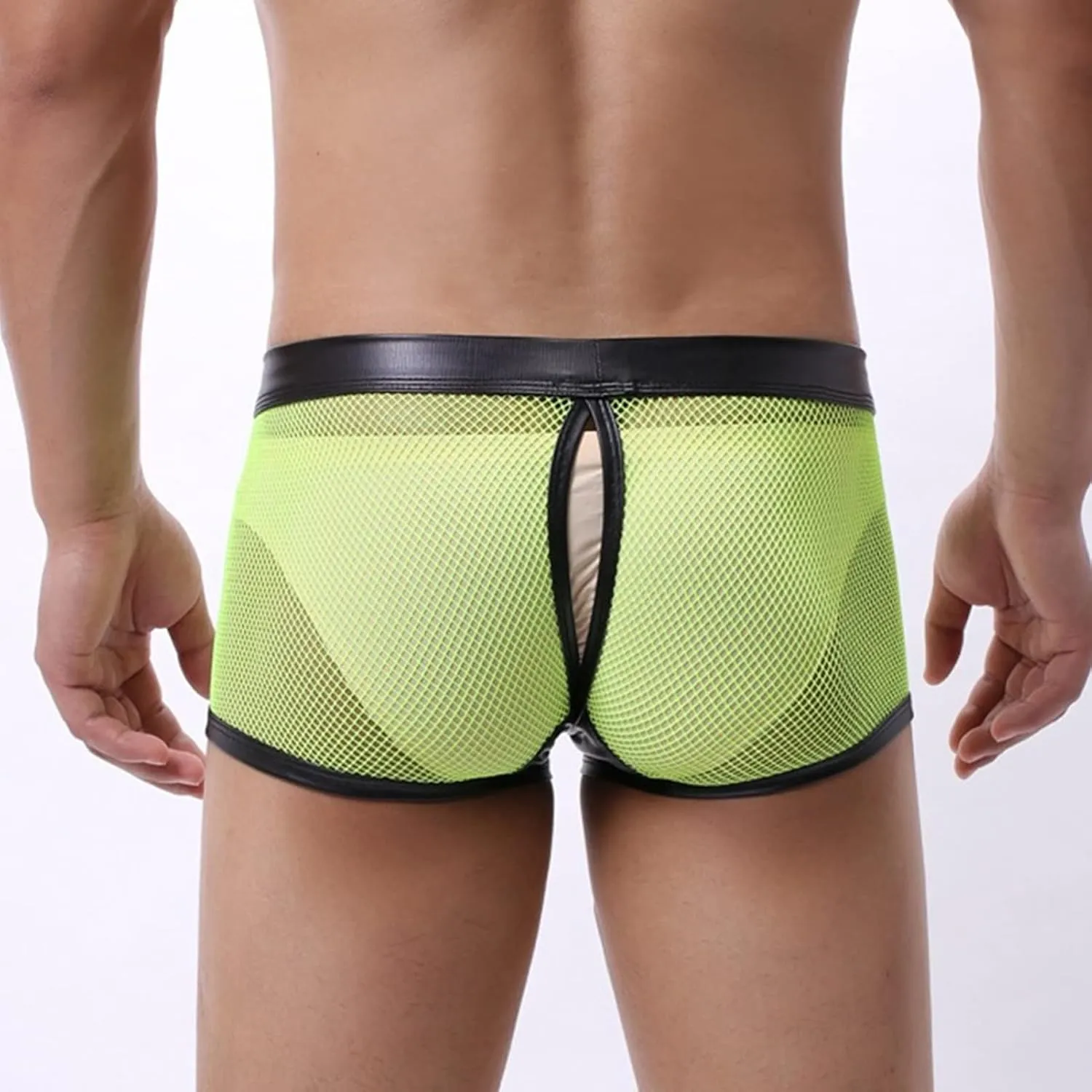 Men'S Sexy Mesh Bulge Ball Pouch Underwear Leather Boxer Briefs Underpants Trunks Hollow Breathable See Through Briefs