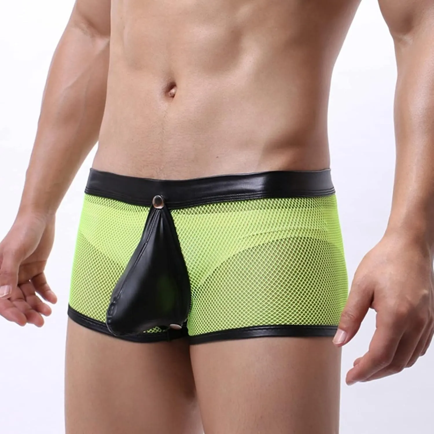 Men'S Sexy Mesh Bulge Ball Pouch Underwear Leather Boxer Briefs Underpants Trunks Hollow Breathable See Through Briefs