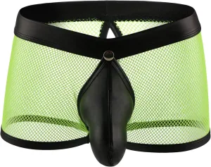Men'S Sexy Mesh Bulge Ball Pouch Underwear Leather Boxer Briefs Underpants Trunks Hollow Breathable See Through Briefs