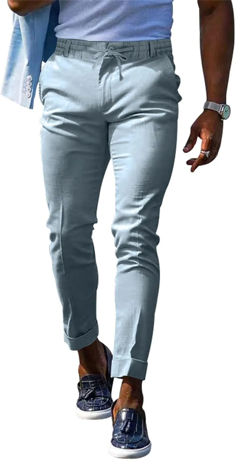 Mens Slim Fit Stretchy Casual Pants with Drawstrings Breathable Tapered Chino Pants for Work Flat Front Casual Golf Pant