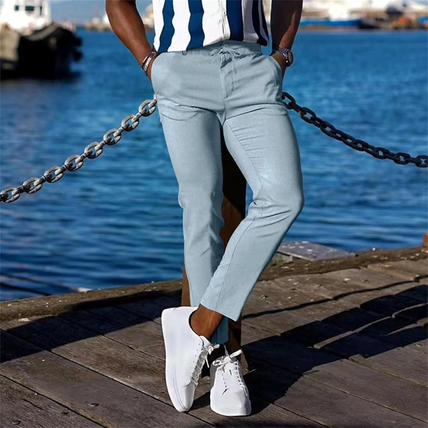 Mens Slim Fit Stretchy Casual Pants with Drawstrings Breathable Tapered Chino Pants for Work Flat Front Casual Golf Pant