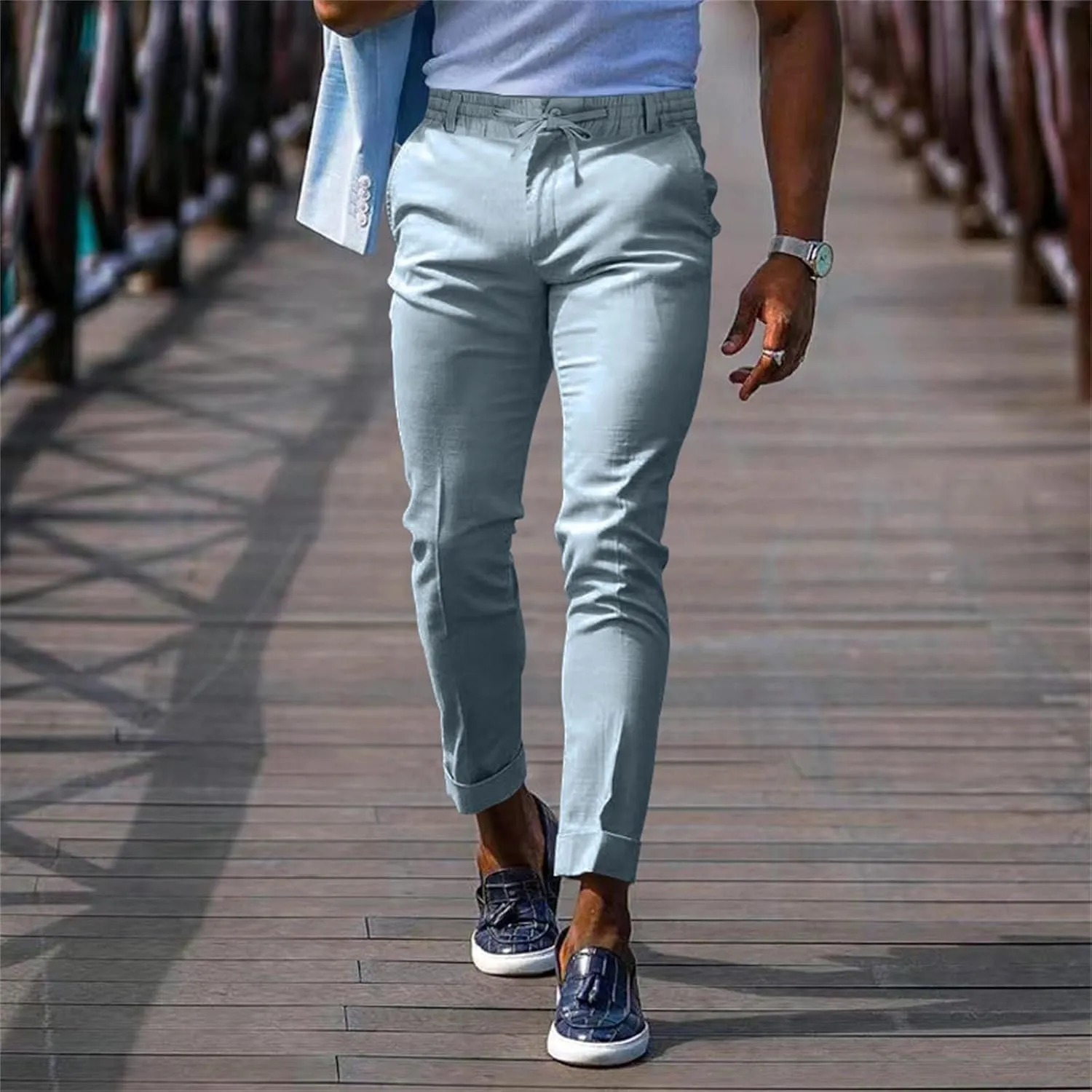 Mens Slim Fit Stretchy Casual Pants with Drawstrings Breathable Tapered Chino Pants for Work Flat Front Casual Golf Pant