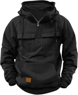 Mens Tactical Sweatshirts Quarter Zip Cargo Pullover Hoodies Workout Gym Sports Running Outdoor Winter Jackets