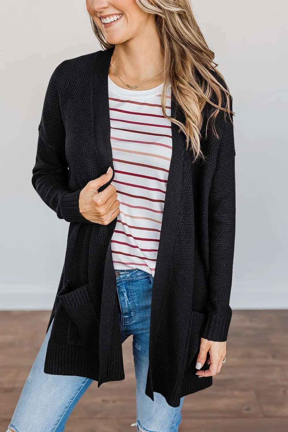 MEROKEETY Women's 2025 Long Sleeve Waffle Knit Cardigan Open Front Cozy Sweater Coat with Pockets