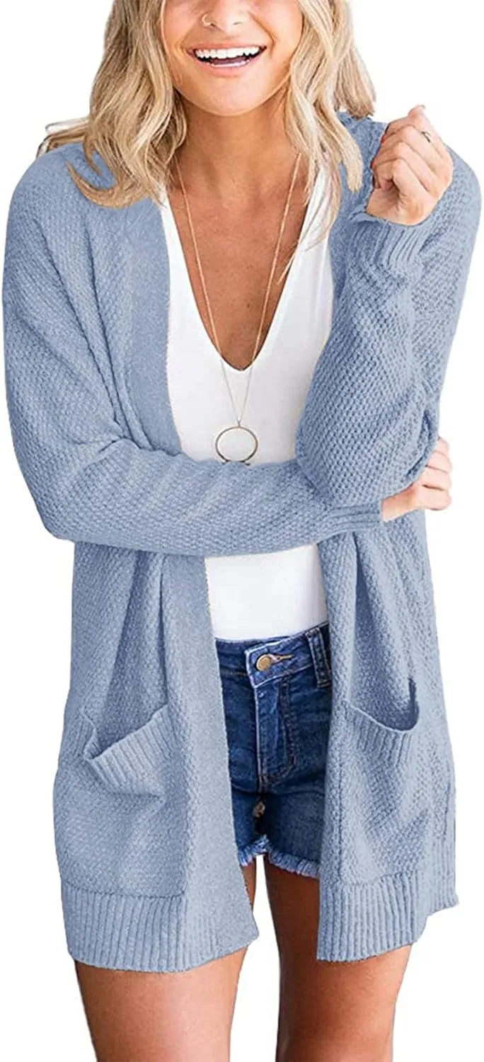 MEROKEETY Women's 2025 Long Sleeve Waffle Knit Cardigan Open Front Cozy Sweater Coat with Pockets