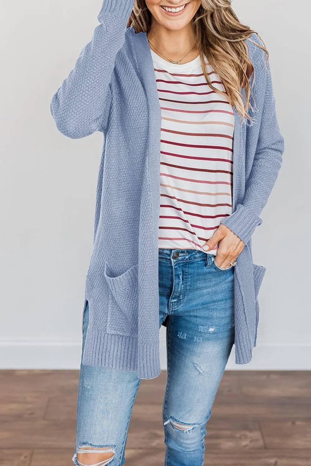 MEROKEETY Women's 2025 Long Sleeve Waffle Knit Cardigan Open Front Cozy Sweater Coat with Pockets