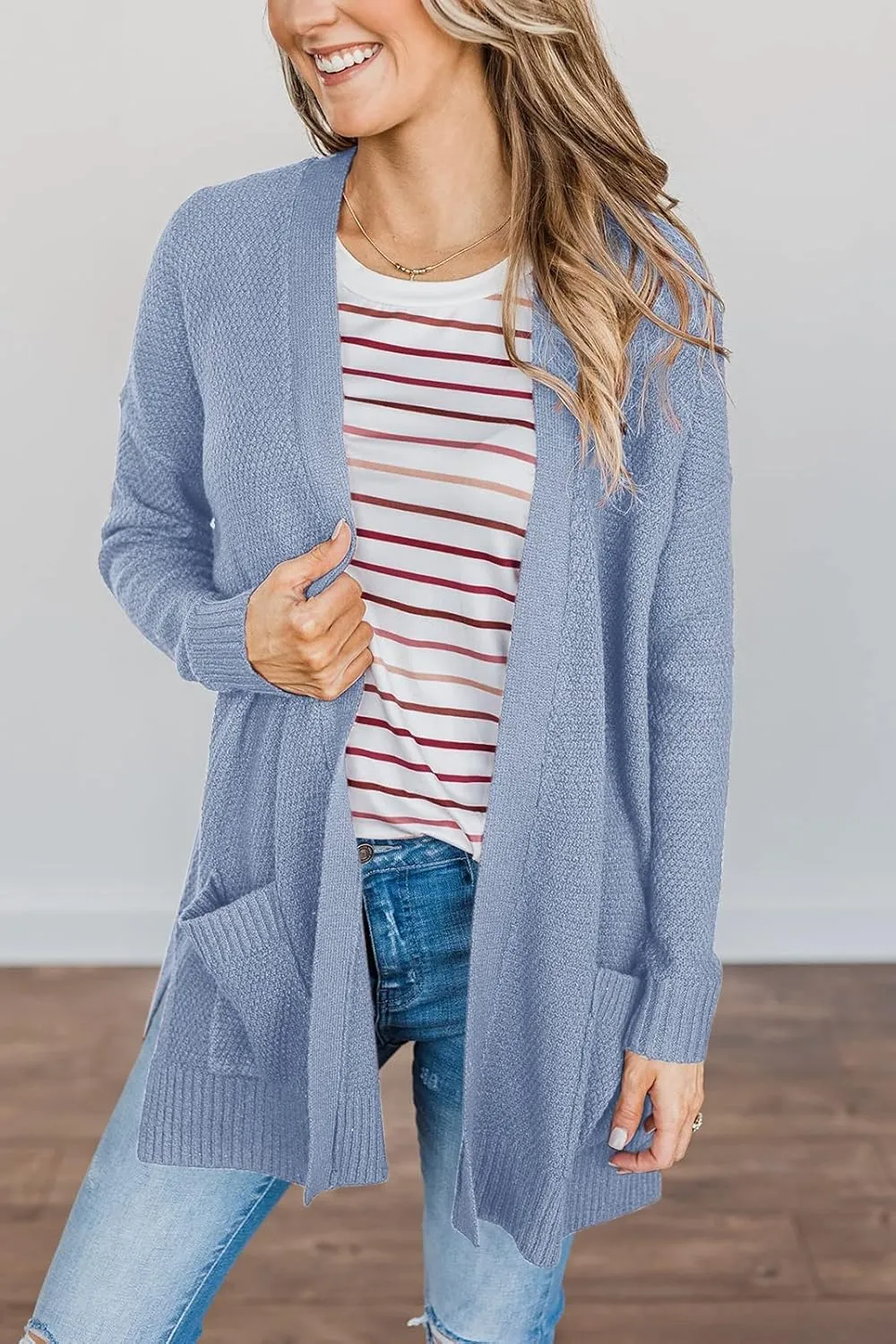MEROKEETY Women's 2025 Long Sleeve Waffle Knit Cardigan Open Front Cozy Sweater Coat with Pockets