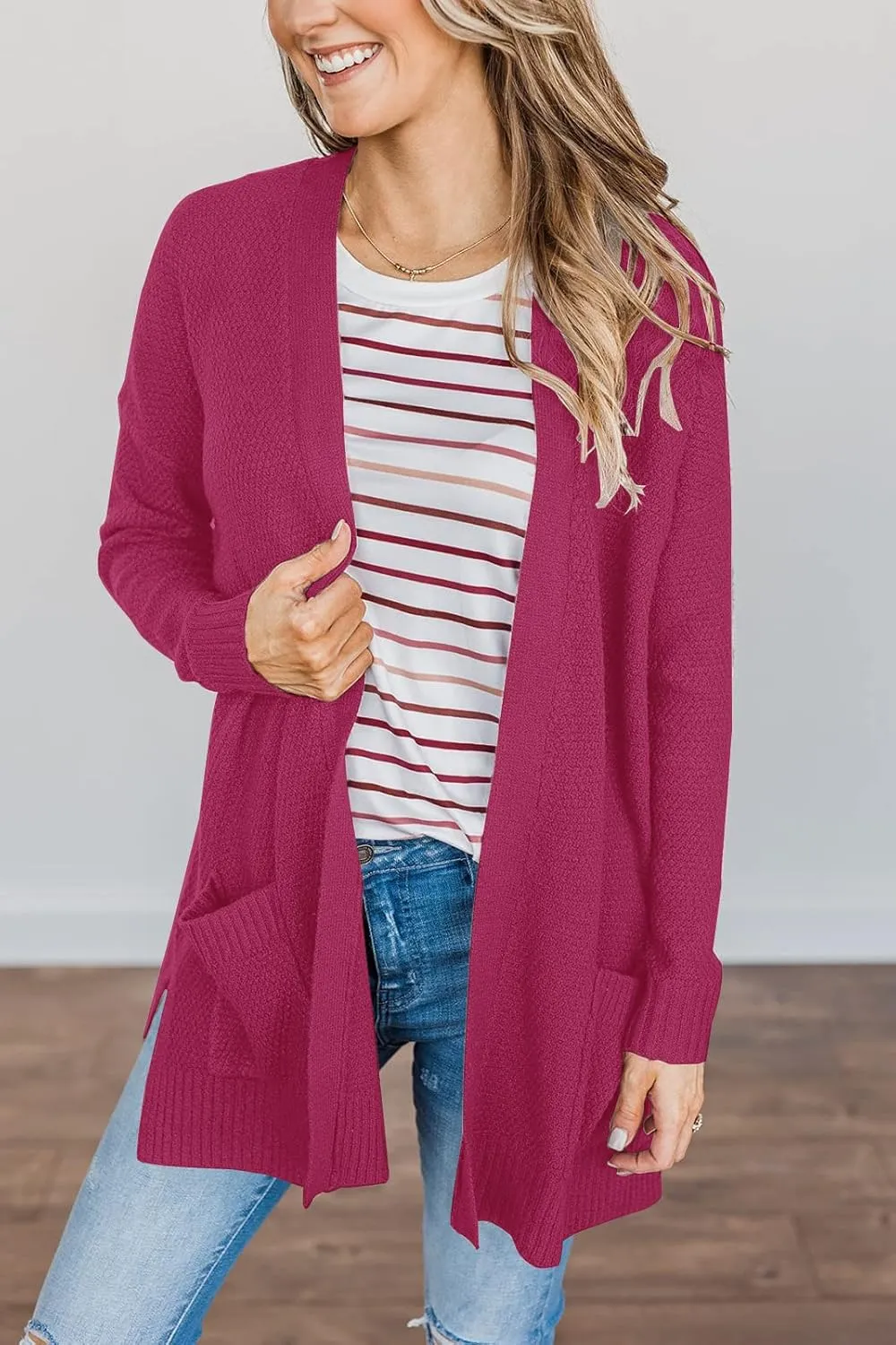 MEROKEETY Women's 2025 Long Sleeve Waffle Knit Cardigan Open Front Cozy Sweater Coat with Pockets