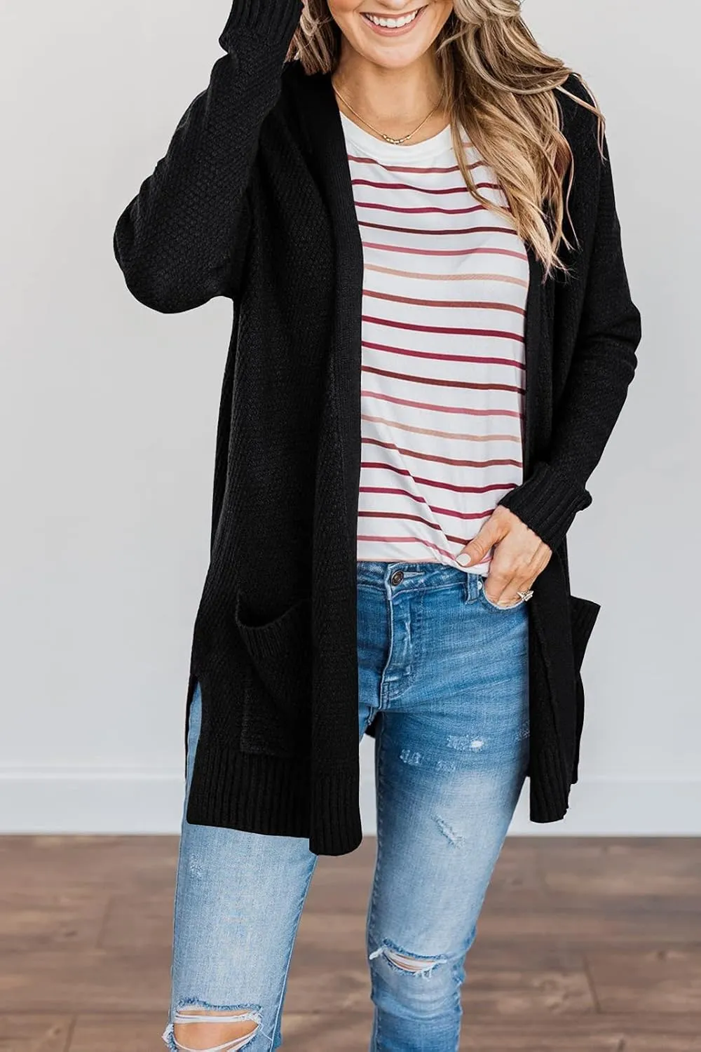 MEROKEETY Women's 2025 Long Sleeve Waffle Knit Cardigan Open Front Cozy Sweater Coat with Pockets