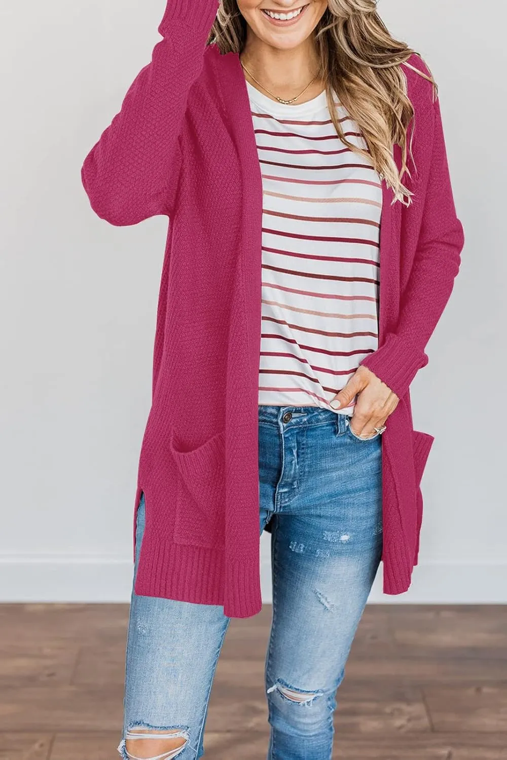 MEROKEETY Women's 2025 Long Sleeve Waffle Knit Cardigan Open Front Cozy Sweater Coat with Pockets
