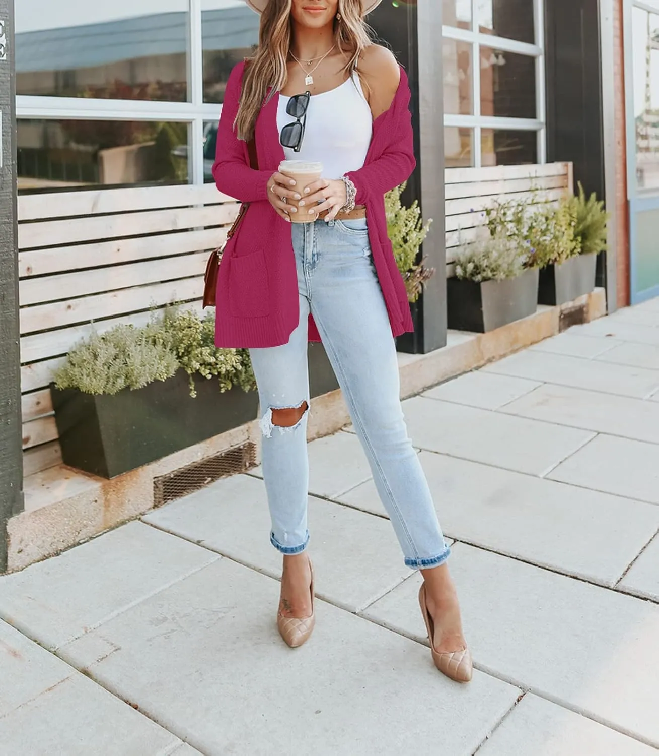 MEROKEETY Women's 2025 Long Sleeve Waffle Knit Cardigan Open Front Cozy Sweater Coat with Pockets