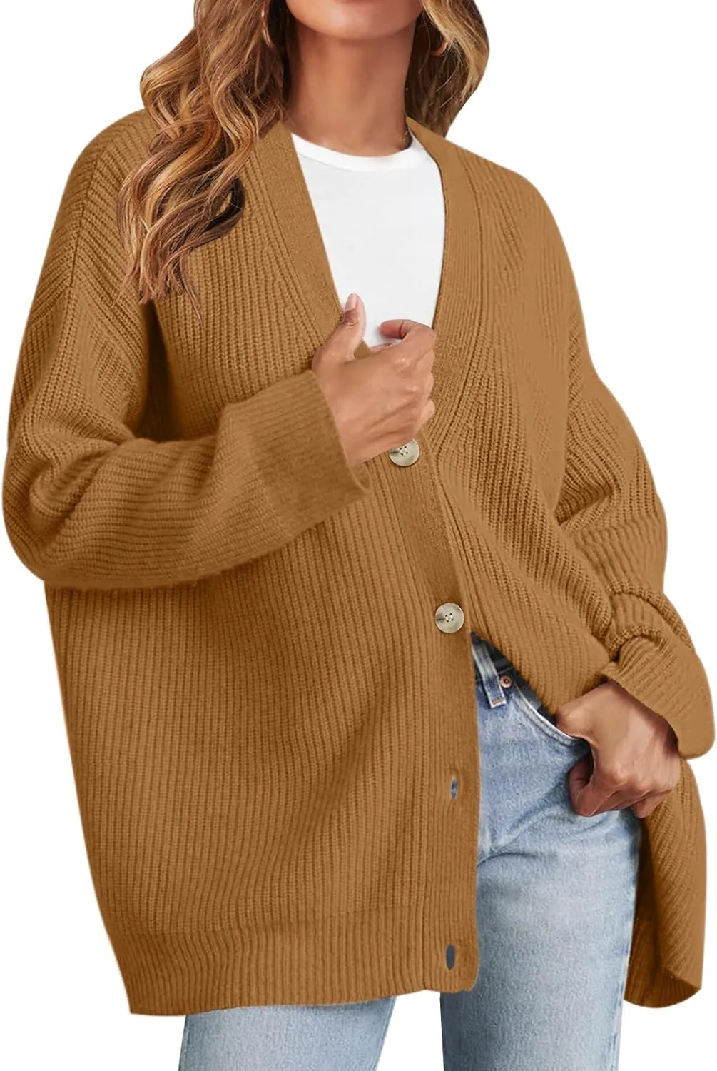 MEROKEETY Women's Cardigan Sweaters 2024 Fall Open Front Oversized Button V Neck Loose Soft Knit Outwear