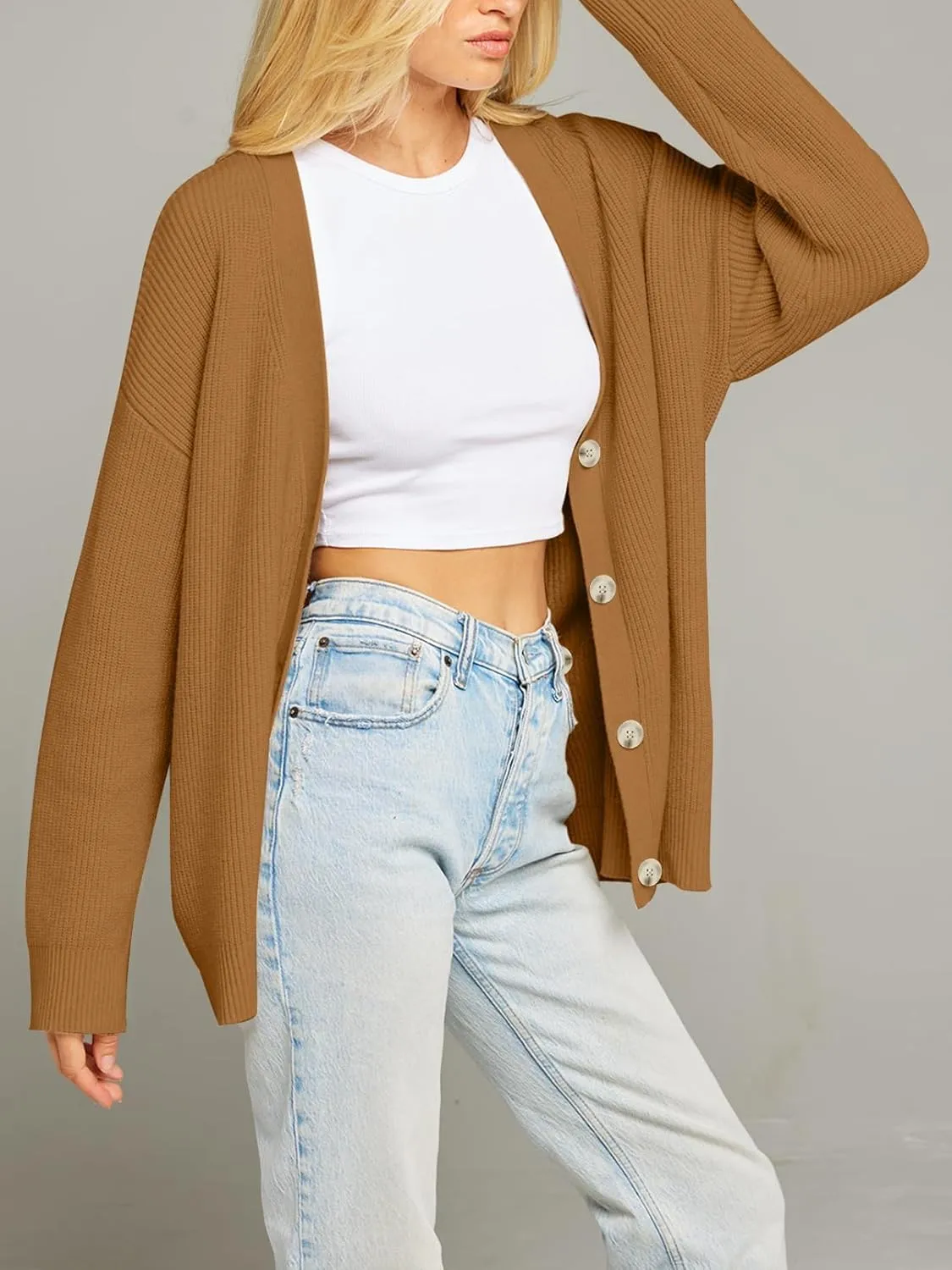 MEROKEETY Women's Cardigan Sweaters 2024 Fall Open Front Oversized Button V Neck Loose Soft Knit Outwear