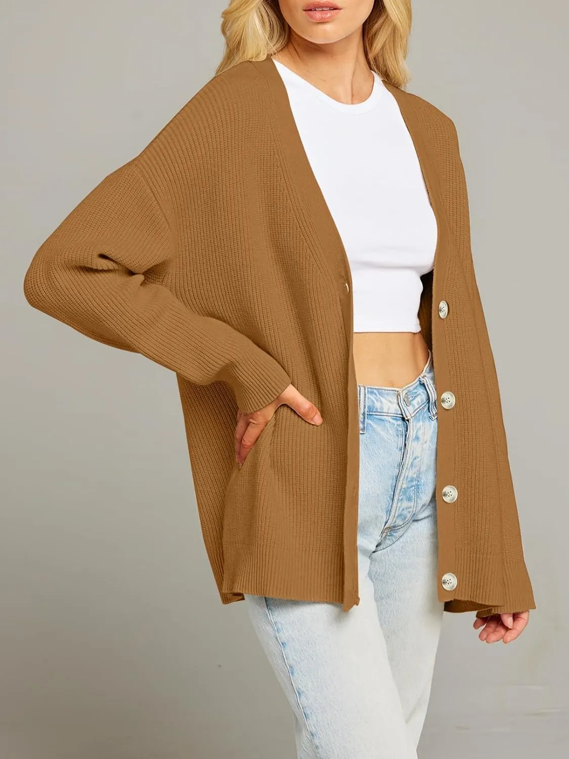 MEROKEETY Women's Cardigan Sweaters 2024 Fall Open Front Oversized Button V Neck Loose Soft Knit Outwear