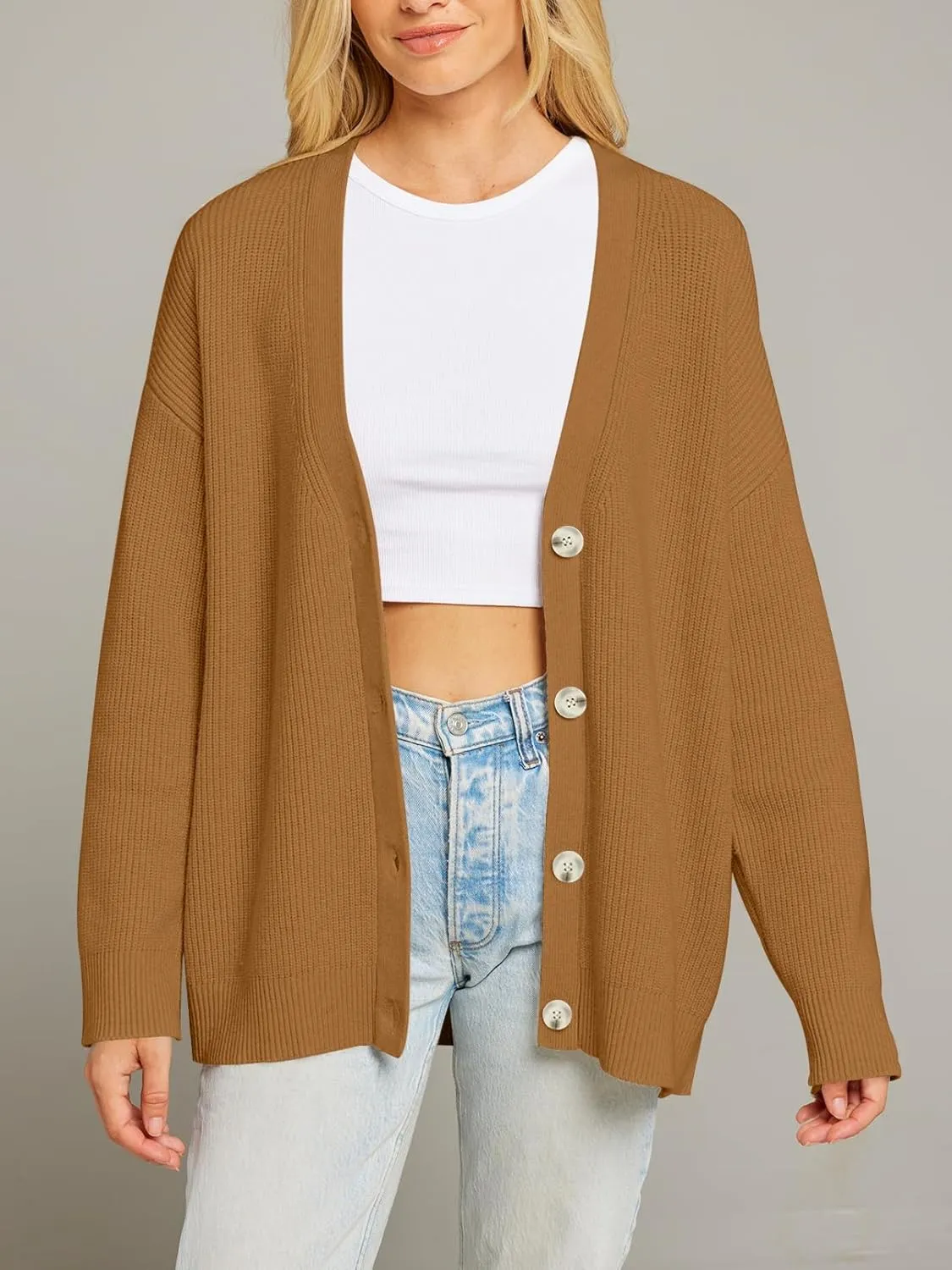 MEROKEETY Women's Cardigan Sweaters 2024 Fall Open Front Oversized Button V Neck Loose Soft Knit Outwear