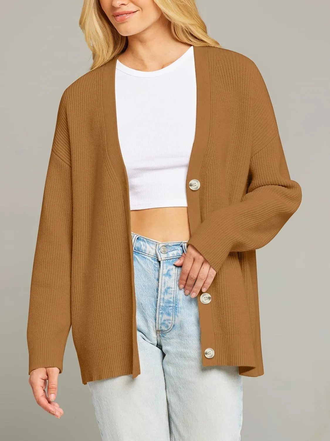 MEROKEETY Women's Cardigan Sweaters 2024 Fall Open Front Oversized Button V Neck Loose Soft Knit Outwear
