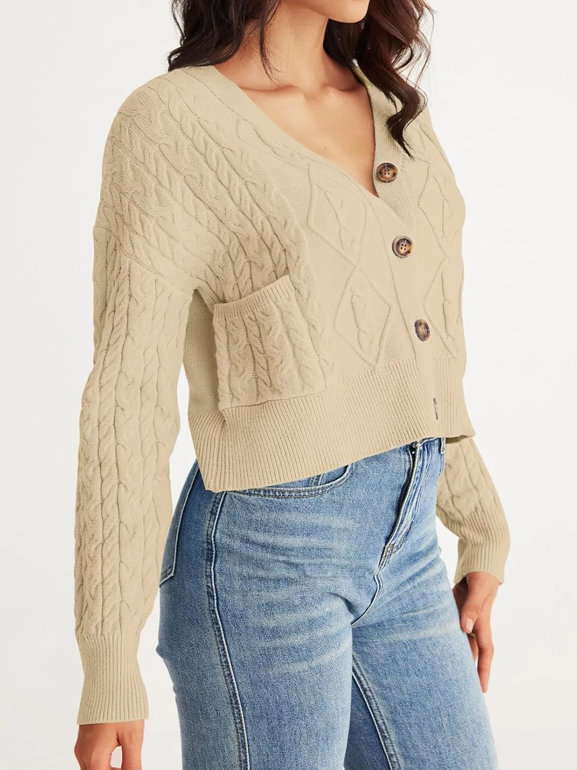 MEROKEETY Women's Long Sleeve Open Front Cable Knit Crop Cardigans V Neck Button Sweaters with Pockets