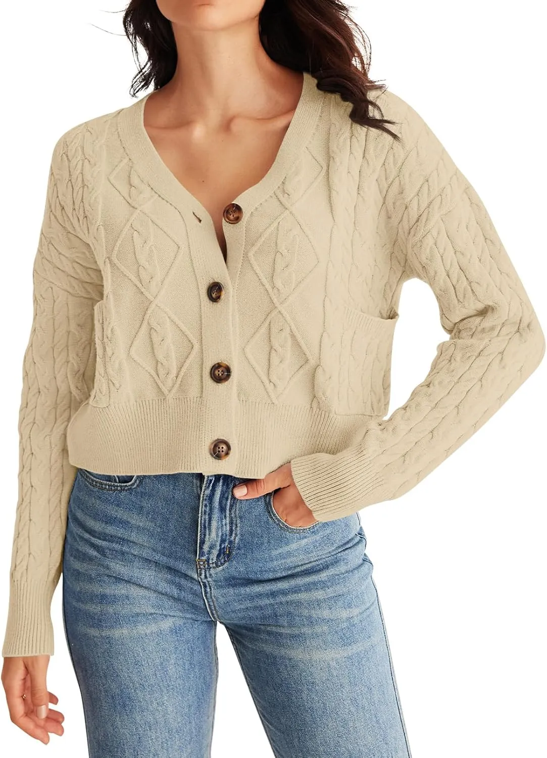 MEROKEETY Women's Long Sleeve Open Front Cable Knit Crop Cardigans V Neck Button Sweaters with Pockets