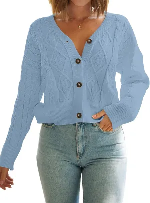 MEROKEETY Women's Long Sleeve Open Front Cable Knit Crop Cardigans V Neck Button Sweaters with Pockets