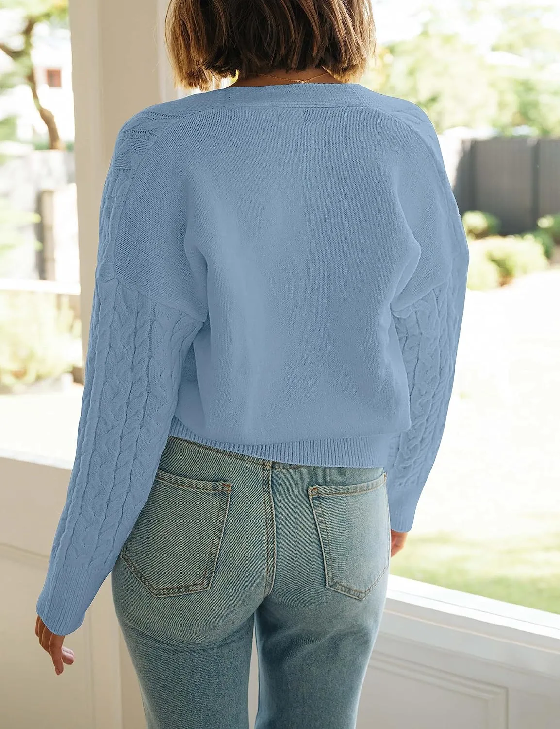 MEROKEETY Women's Long Sleeve Open Front Cable Knit Crop Cardigans V Neck Button Sweaters with Pockets
