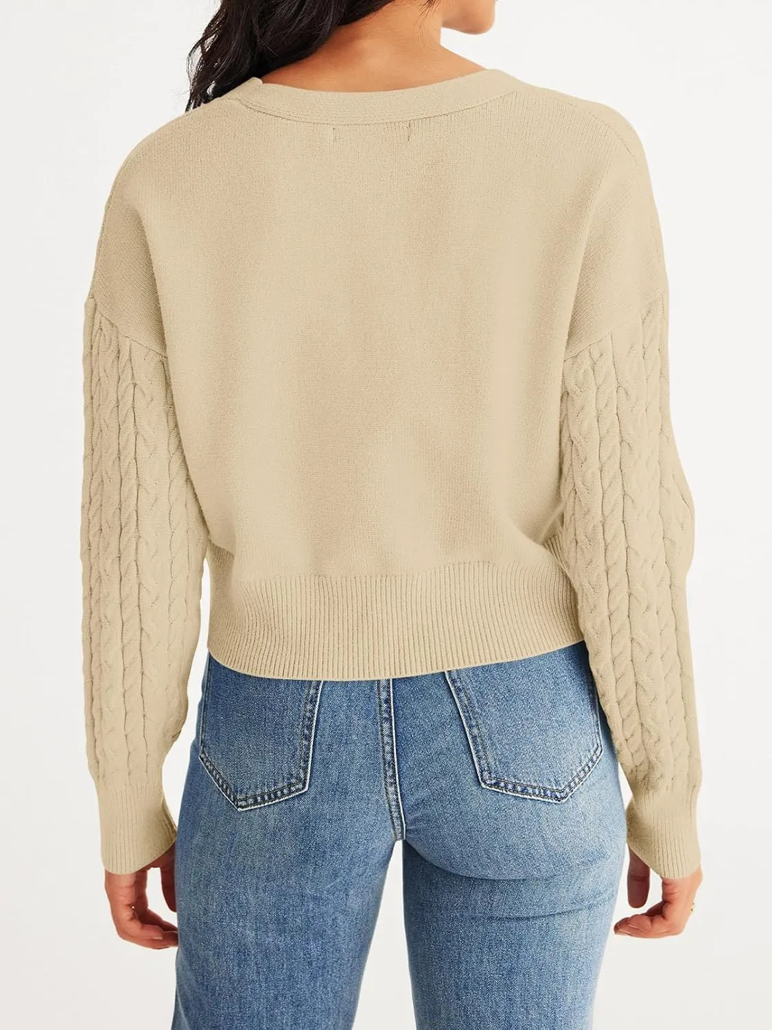 MEROKEETY Women's Long Sleeve Open Front Cable Knit Crop Cardigans V Neck Button Sweaters with Pockets