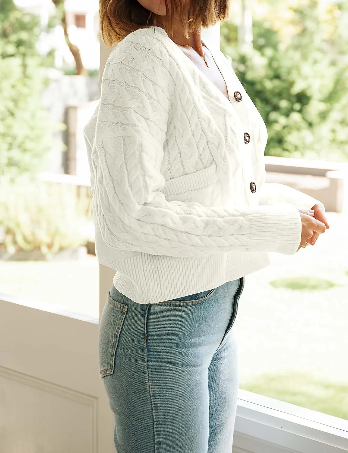 MEROKEETY Women's Long Sleeve Open Front Cable Knit Crop Cardigans V Neck Button Sweaters with Pockets