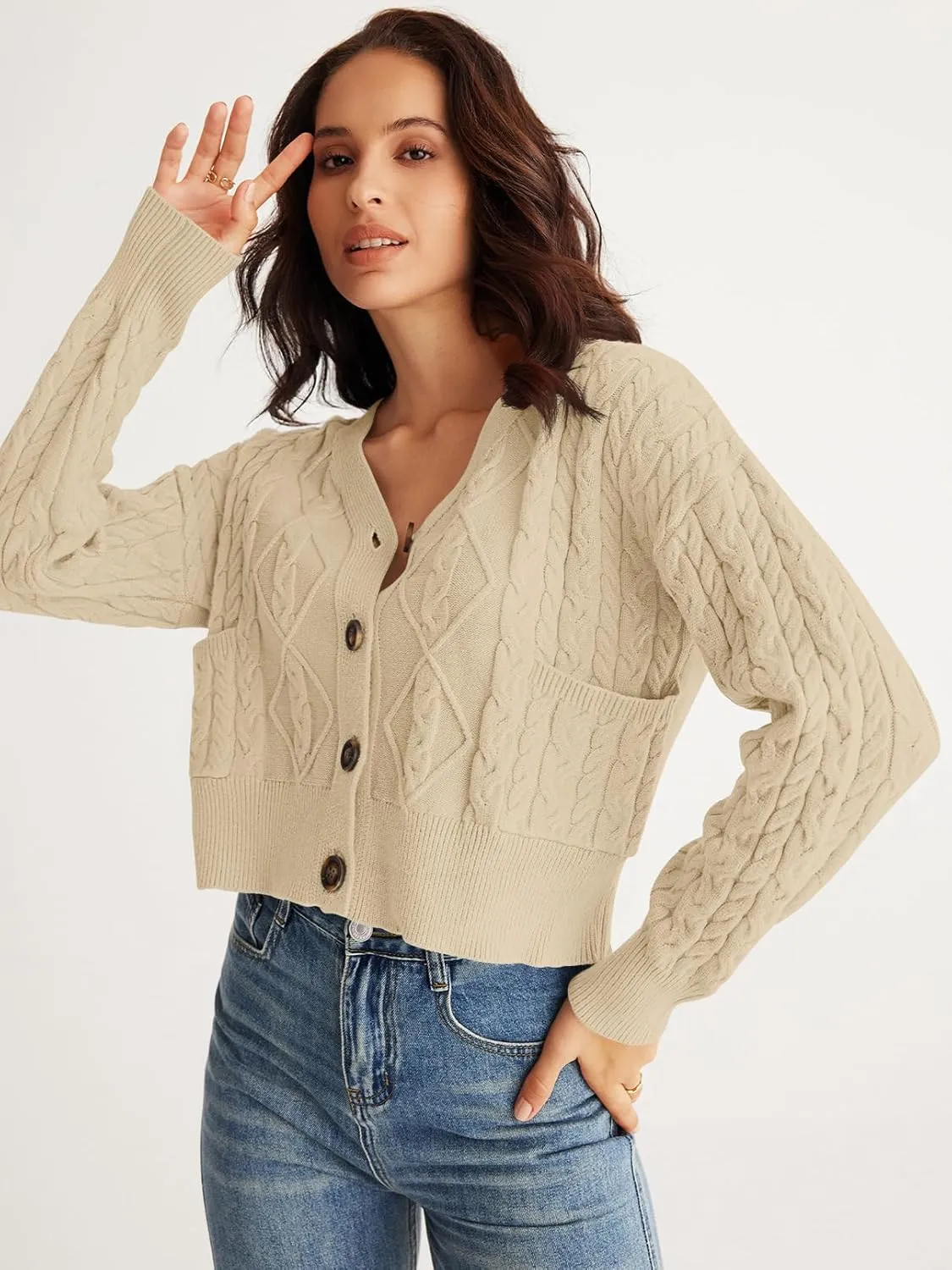 MEROKEETY Women's Long Sleeve Open Front Cable Knit Crop Cardigans V Neck Button Sweaters with Pockets