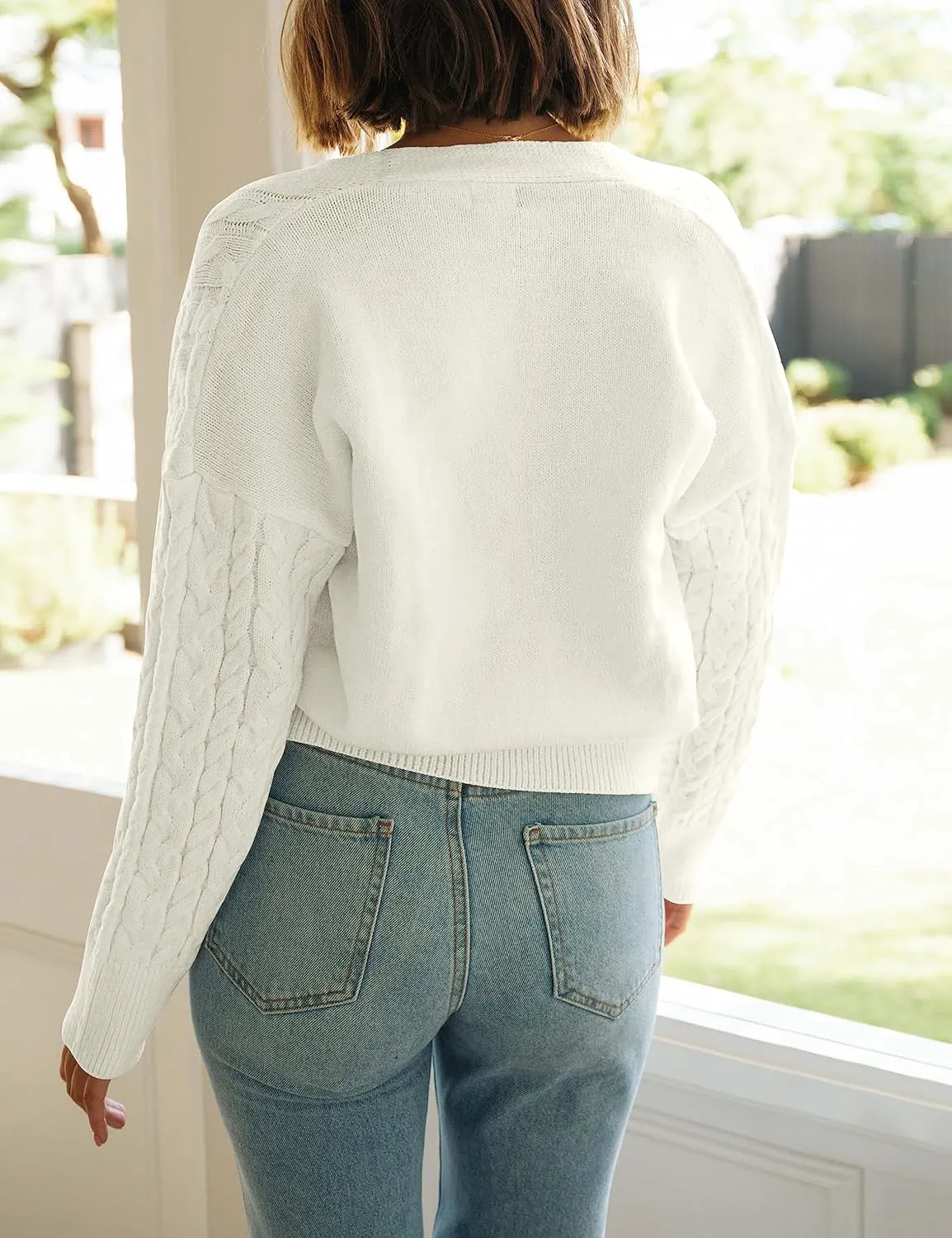 MEROKEETY Women's Long Sleeve Open Front Cable Knit Crop Cardigans V Neck Button Sweaters with Pockets
