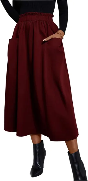 Midi Skirts for Women Aline Pleated Elegant High Waist Skirts Boho Flowy Swing Cocktail Summer Skirt with Pockets