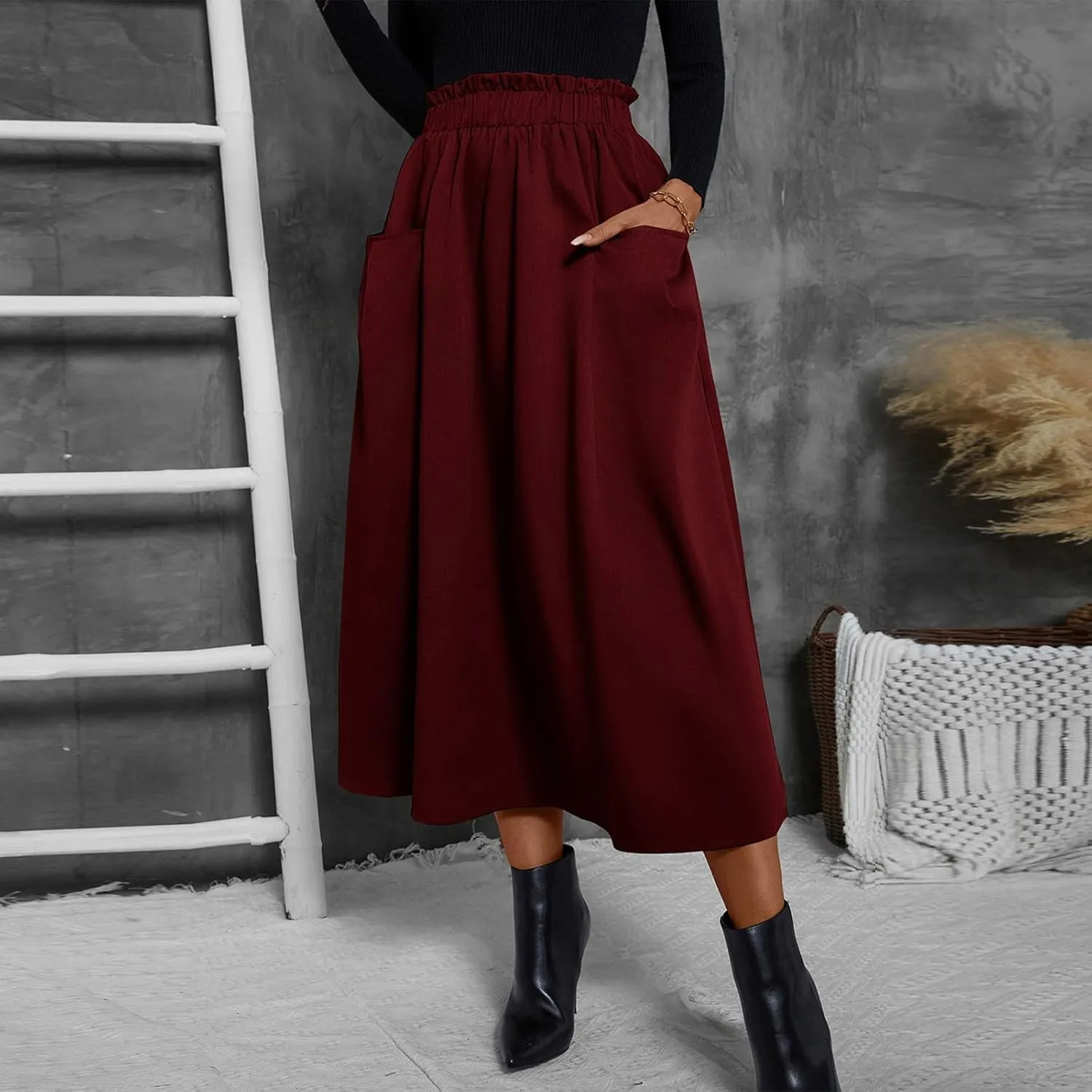Midi Skirts for Women Aline Pleated Elegant High Waist Skirts Boho Flowy Swing Cocktail Summer Skirt with Pockets