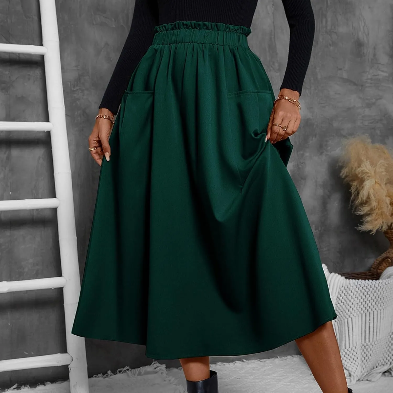 Midi Skirts for Women Aline Pleated Elegant High Waist Skirts Boho Flowy Swing Cocktail Summer Skirt with Pockets