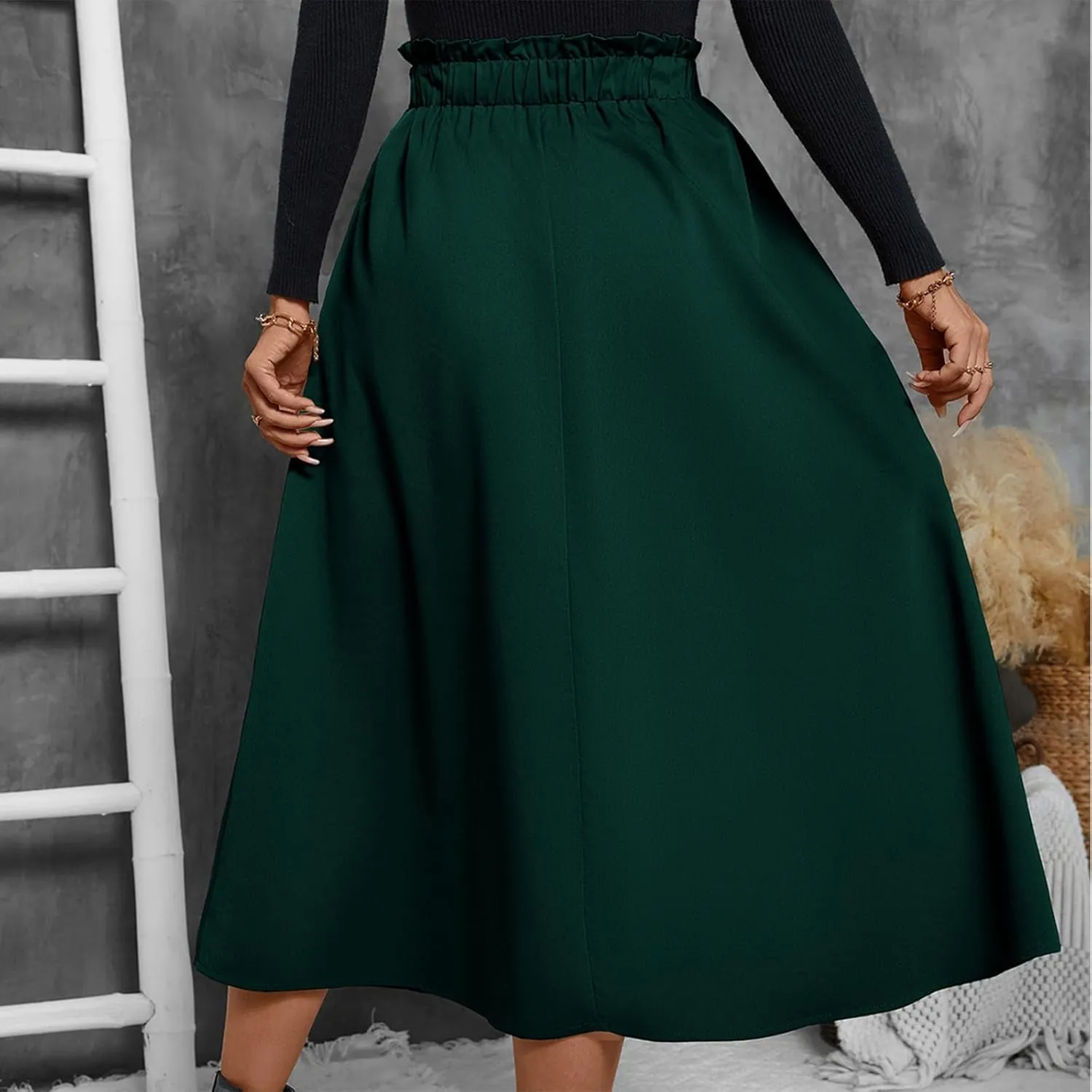 Midi Skirts for Women Aline Pleated Elegant High Waist Skirts Boho Flowy Swing Cocktail Summer Skirt with Pockets