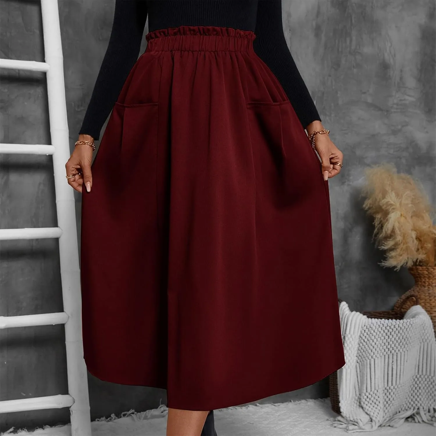 Midi Skirts for Women Aline Pleated Elegant High Waist Skirts Boho Flowy Swing Cocktail Summer Skirt with Pockets
