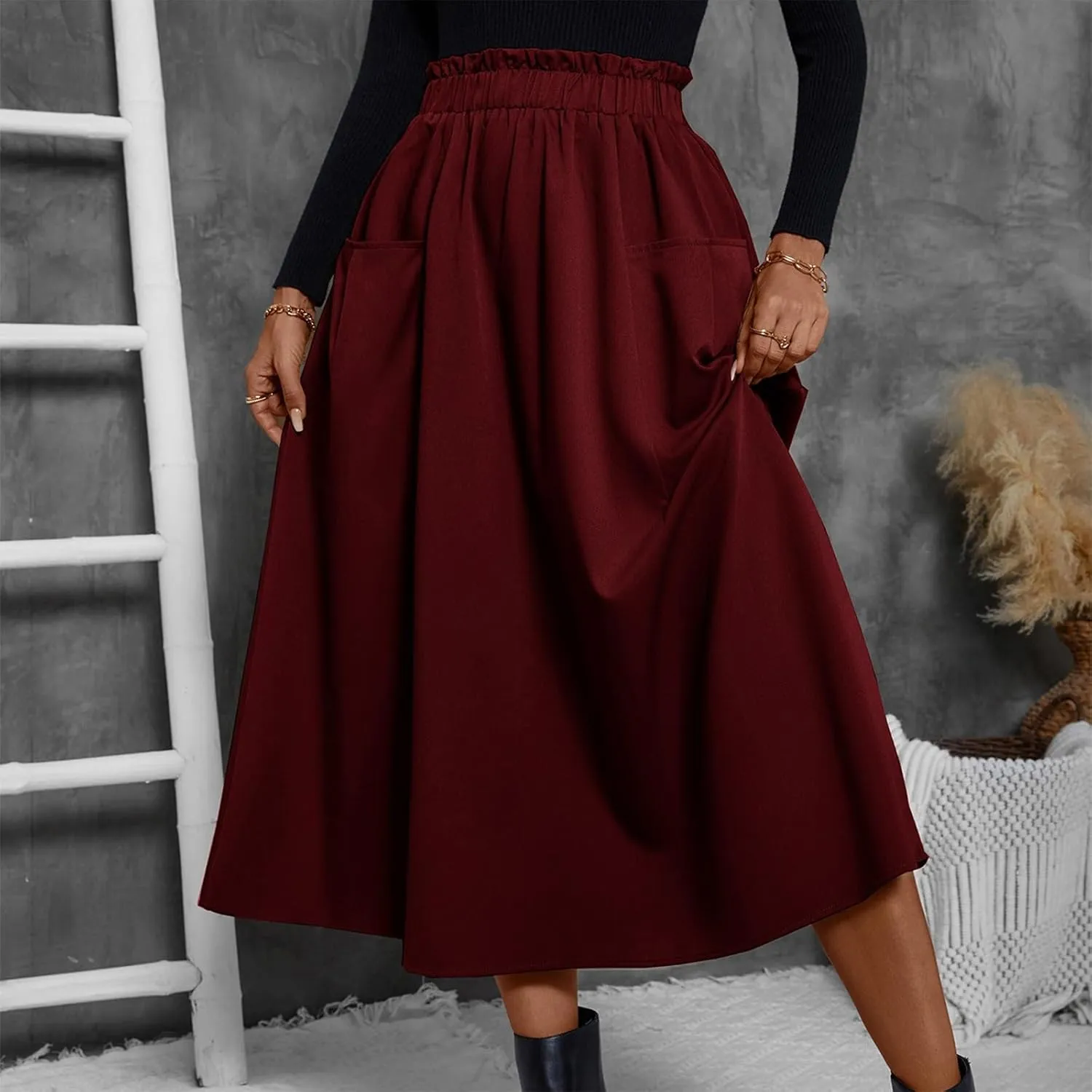 Midi Skirts for Women Aline Pleated Elegant High Waist Skirts Boho Flowy Swing Cocktail Summer Skirt with Pockets