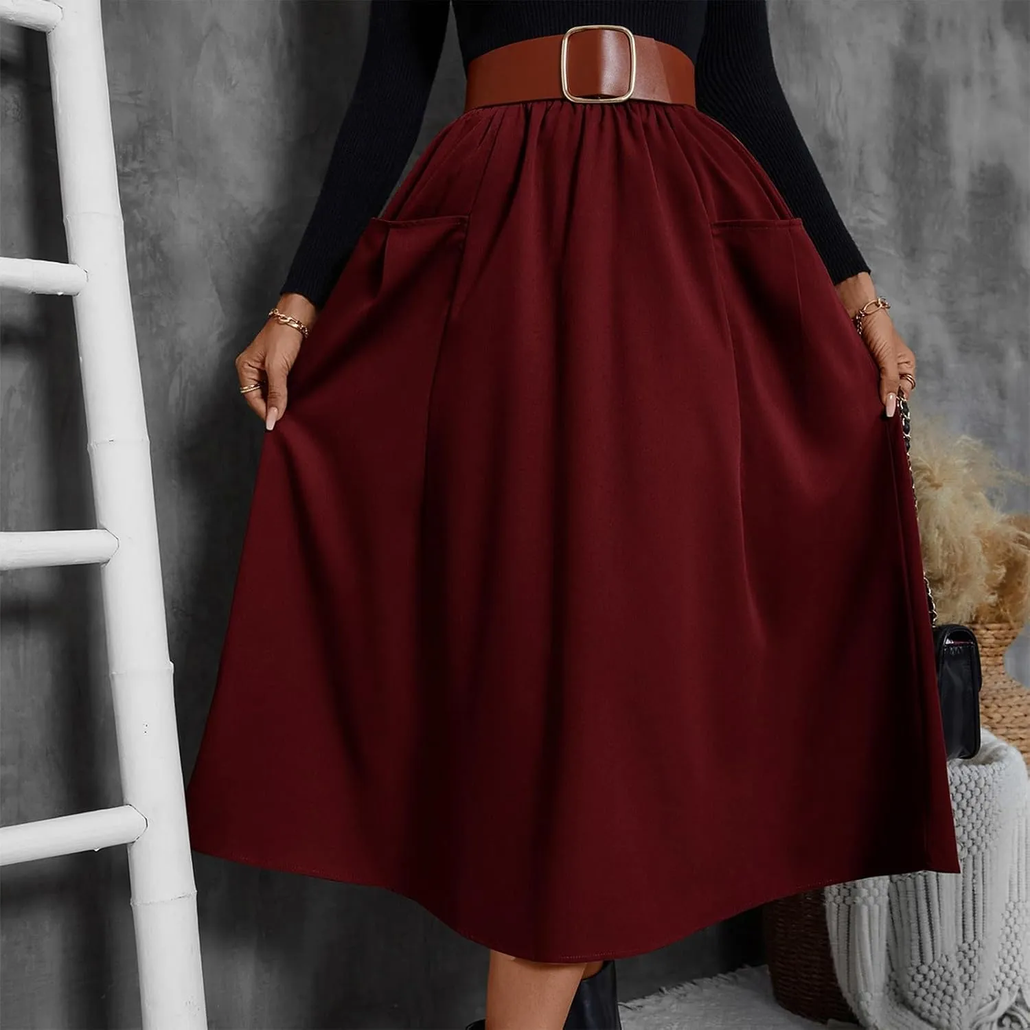 Midi Skirts for Women Aline Pleated Elegant High Waist Skirts Boho Flowy Swing Cocktail Summer Skirt with Pockets