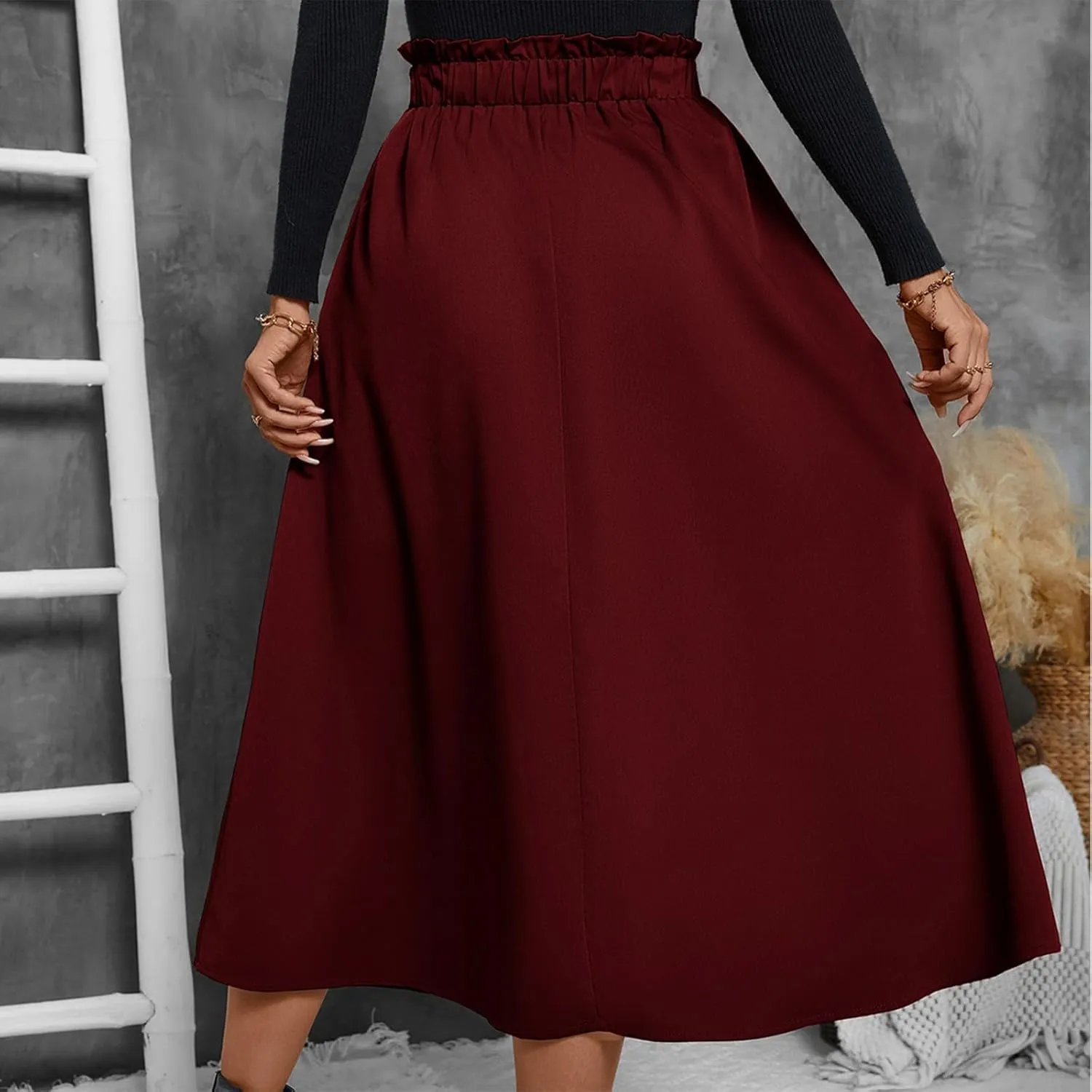 Midi Skirts for Women Aline Pleated Elegant High Waist Skirts Boho Flowy Swing Cocktail Summer Skirt with Pockets