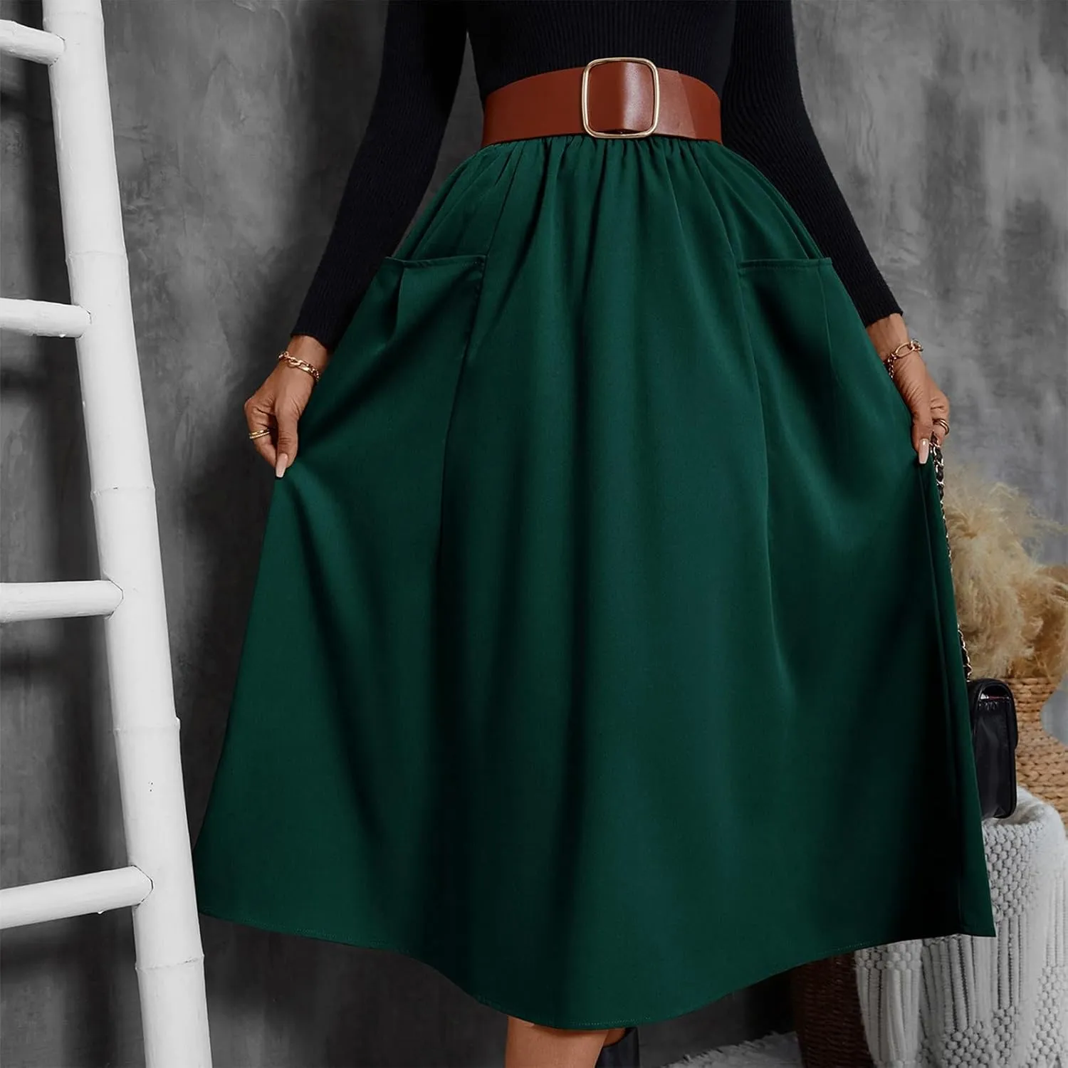 Midi Skirts for Women Aline Pleated Elegant High Waist Skirts Boho Flowy Swing Cocktail Summer Skirt with Pockets