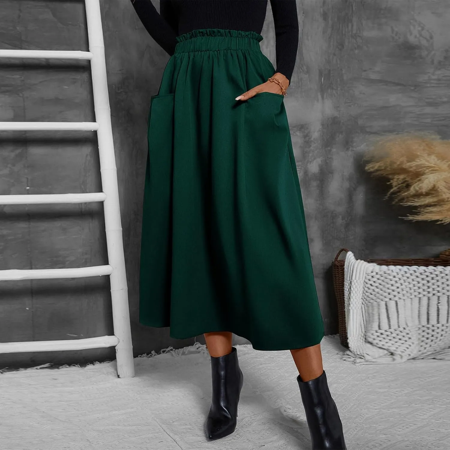Midi Skirts for Women Aline Pleated Elegant High Waist Skirts Boho Flowy Swing Cocktail Summer Skirt with Pockets