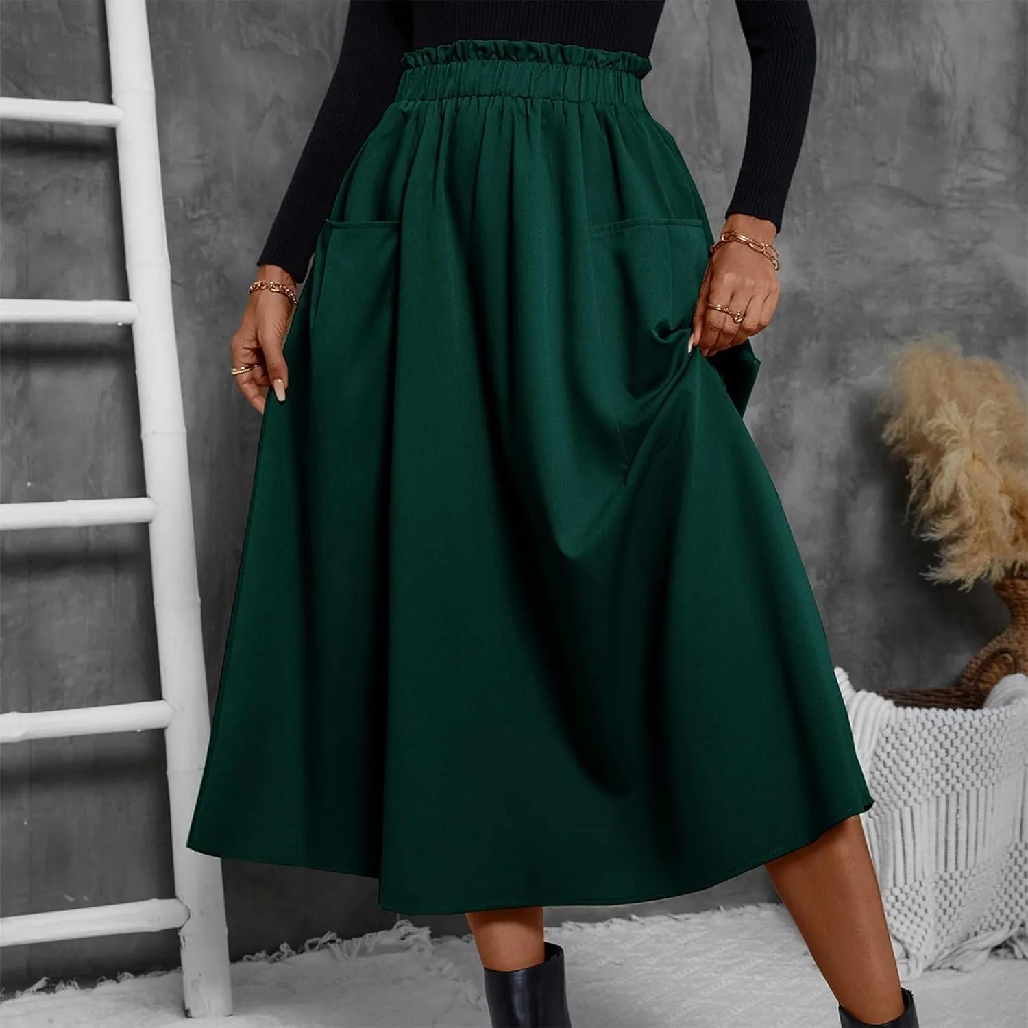 Midi Skirts for Women Aline Pleated Elegant High Waist Skirts Boho Flowy Swing Cocktail Summer Skirt with Pockets