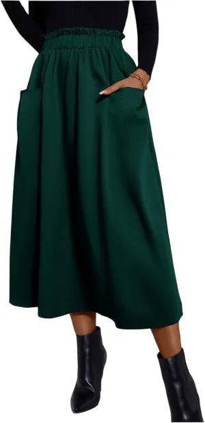 Midi Skirts for Women Aline Pleated Elegant High Waist Skirts Boho Flowy Swing Cocktail Summer Skirt with Pockets