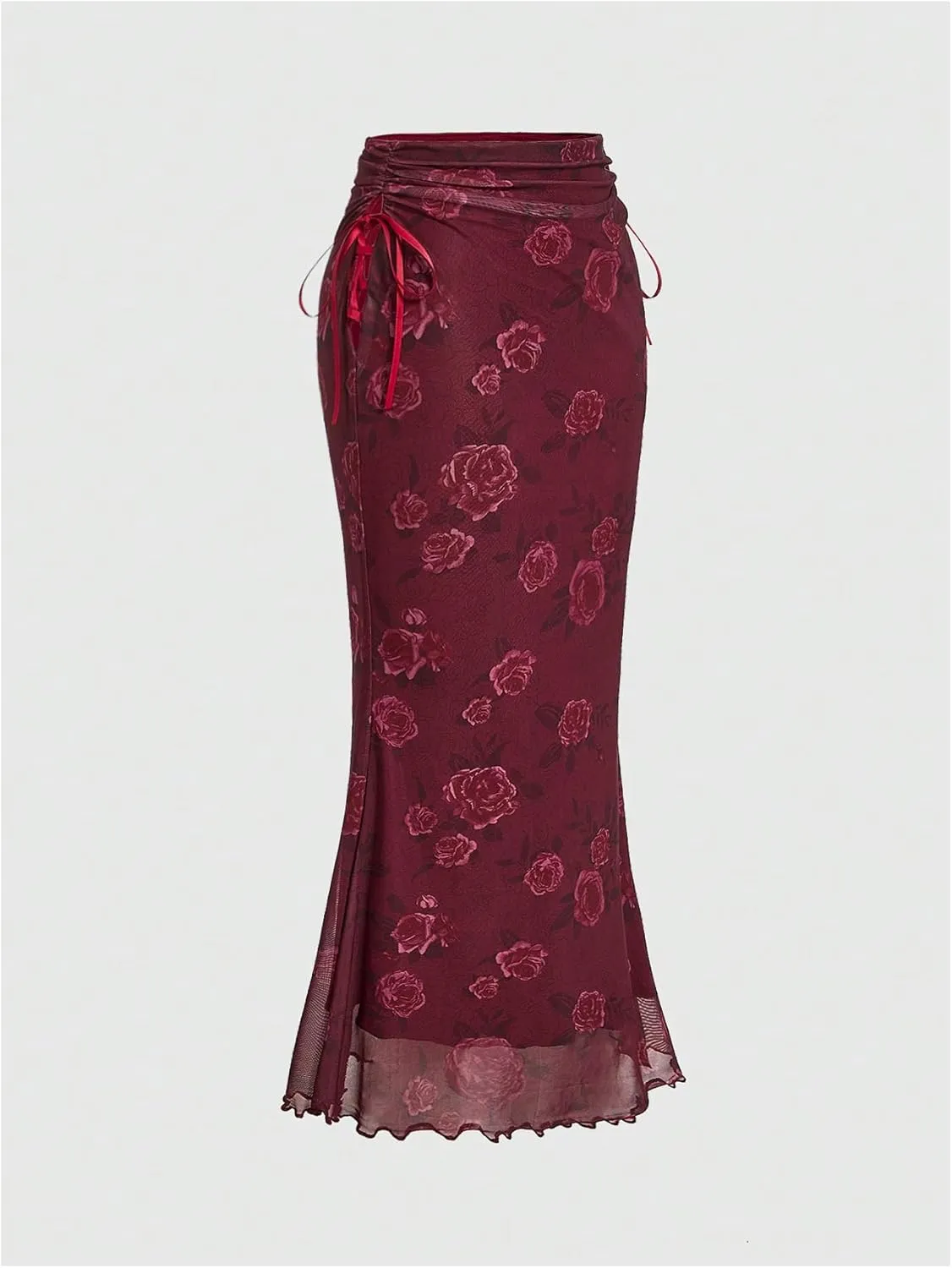 Milumia Women's Floral Mesh Ruffle Hem Maxi Skirt High Waisted Fishtail Long Skirts