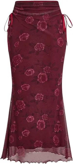 Milumia Women's Floral Mesh Ruffle Hem Maxi Skirt High Waisted Fishtail Long Skirts