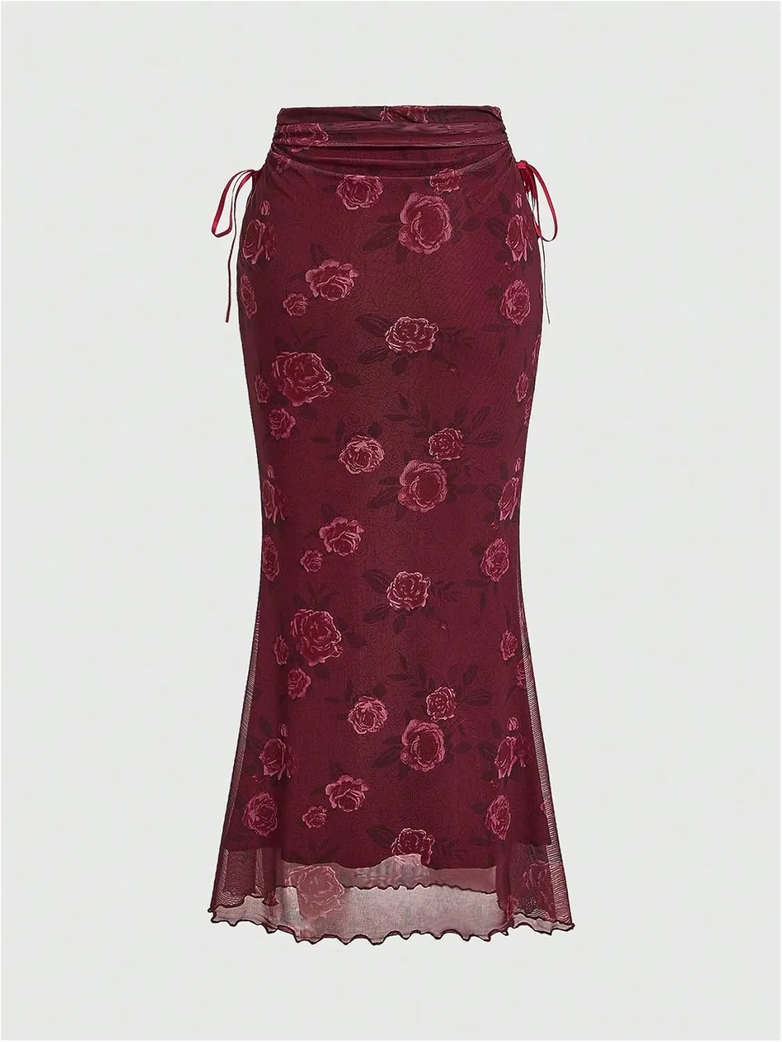 Milumia Women's Floral Mesh Ruffle Hem Maxi Skirt High Waisted Fishtail Long Skirts