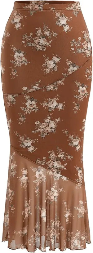 Milumia Women's Floral Mesh Ruffle Hem Maxi Skirt High Waisted Fishtail Long Skirts