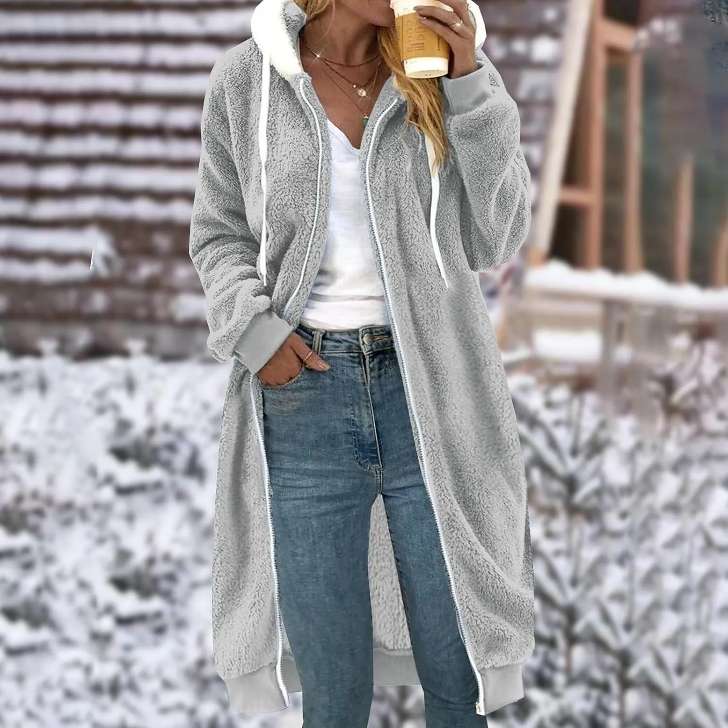 MINzYI Oversized Fleece Womens Sweatshirt Long Length Solid Zip Fuzzy Hoodies Oversized Casual Winter Warm Cozy Ladies Coats