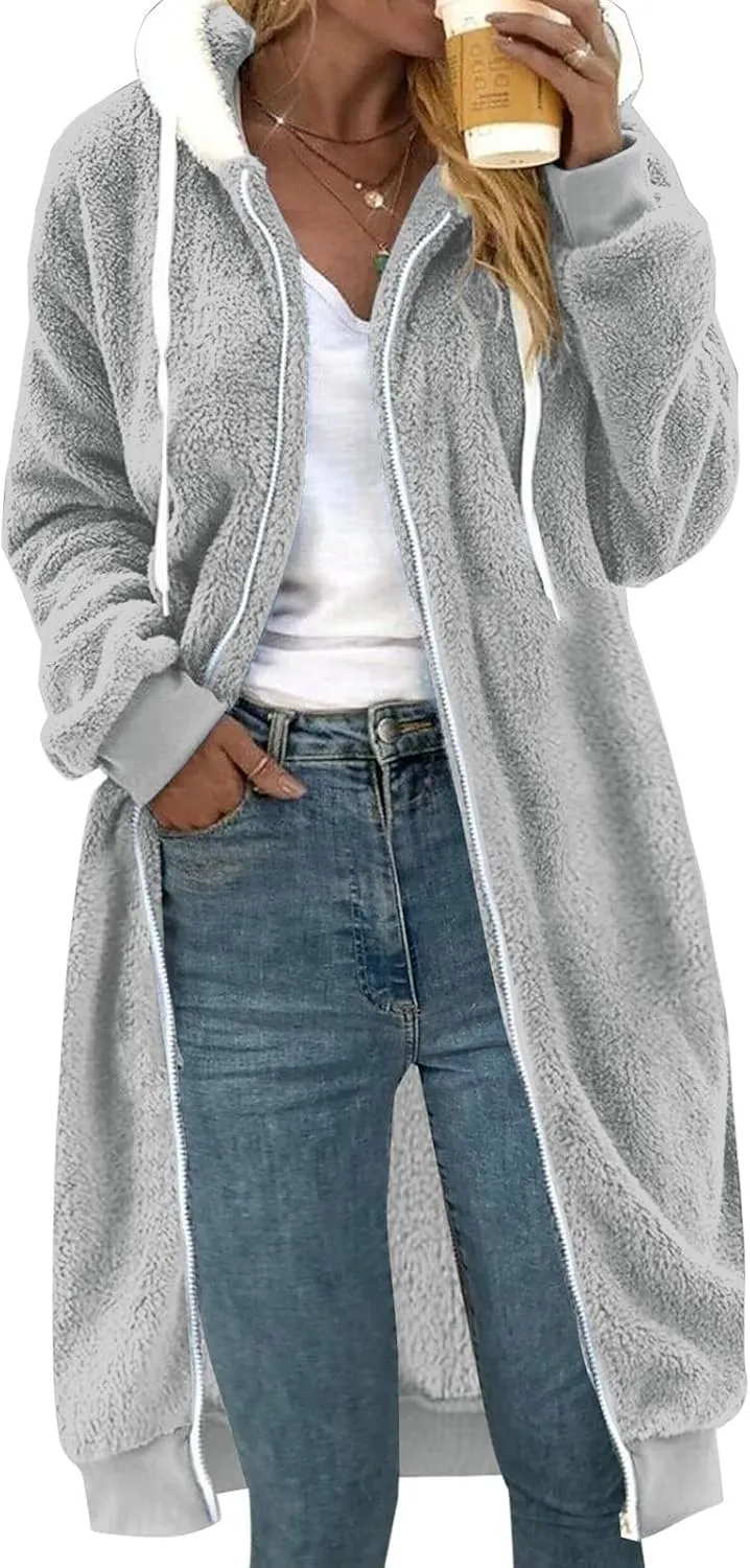 MINzYI Oversized Fleece Womens Sweatshirt Long Length Solid Zip Fuzzy Hoodies Oversized Casual Winter Warm Cozy Ladies Coats